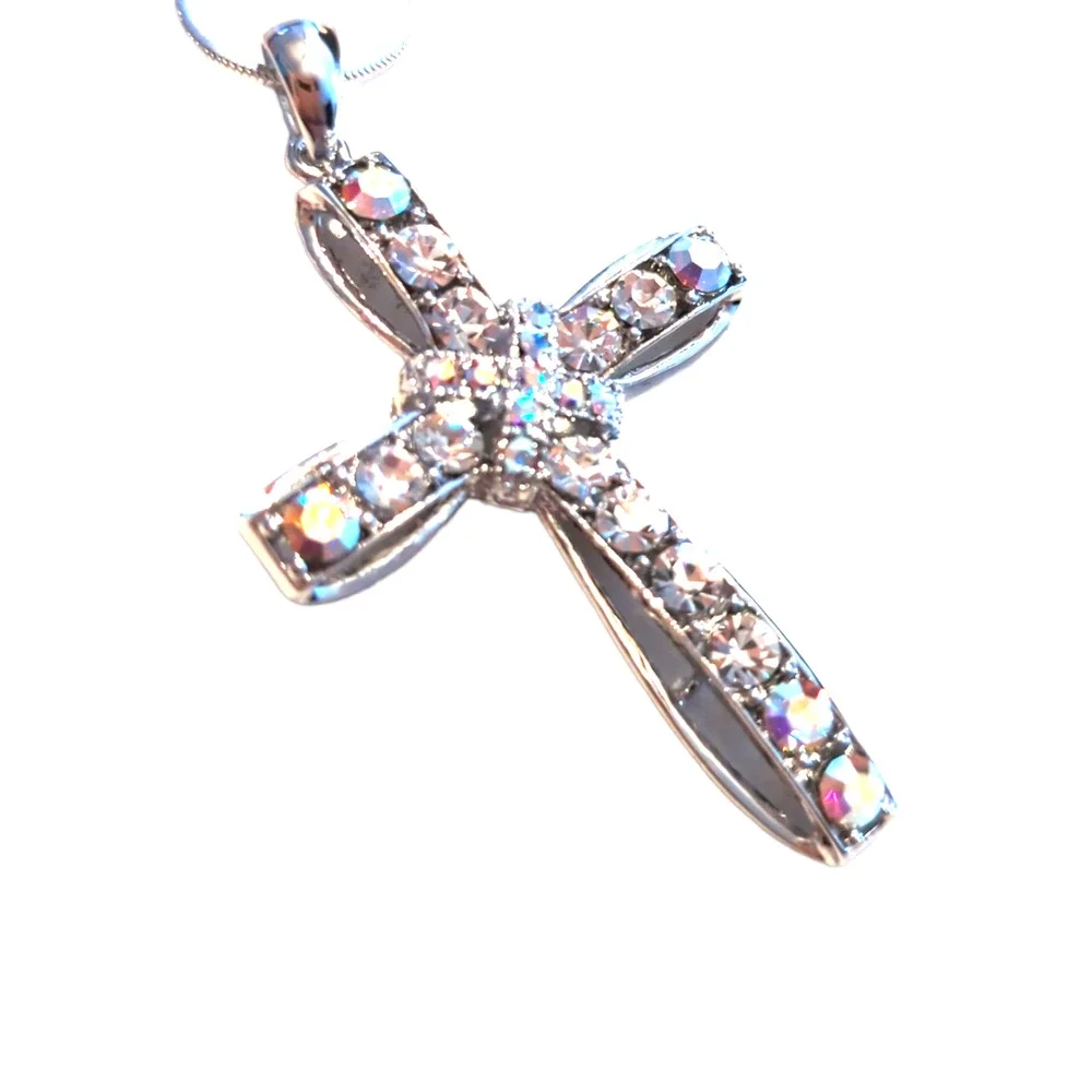 White Gold Plated Crystal Cross Necklace NEW Religious Spiritual Gift